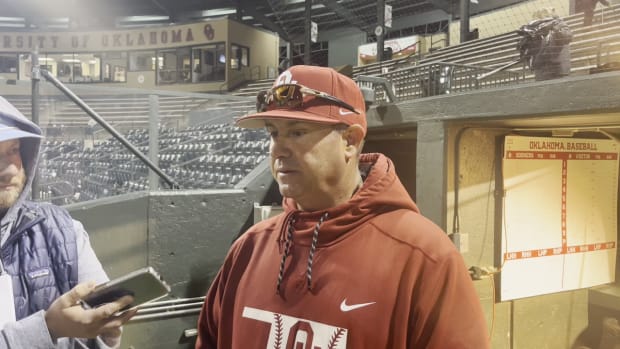 Skip Johnson talks to media after DH wins against U